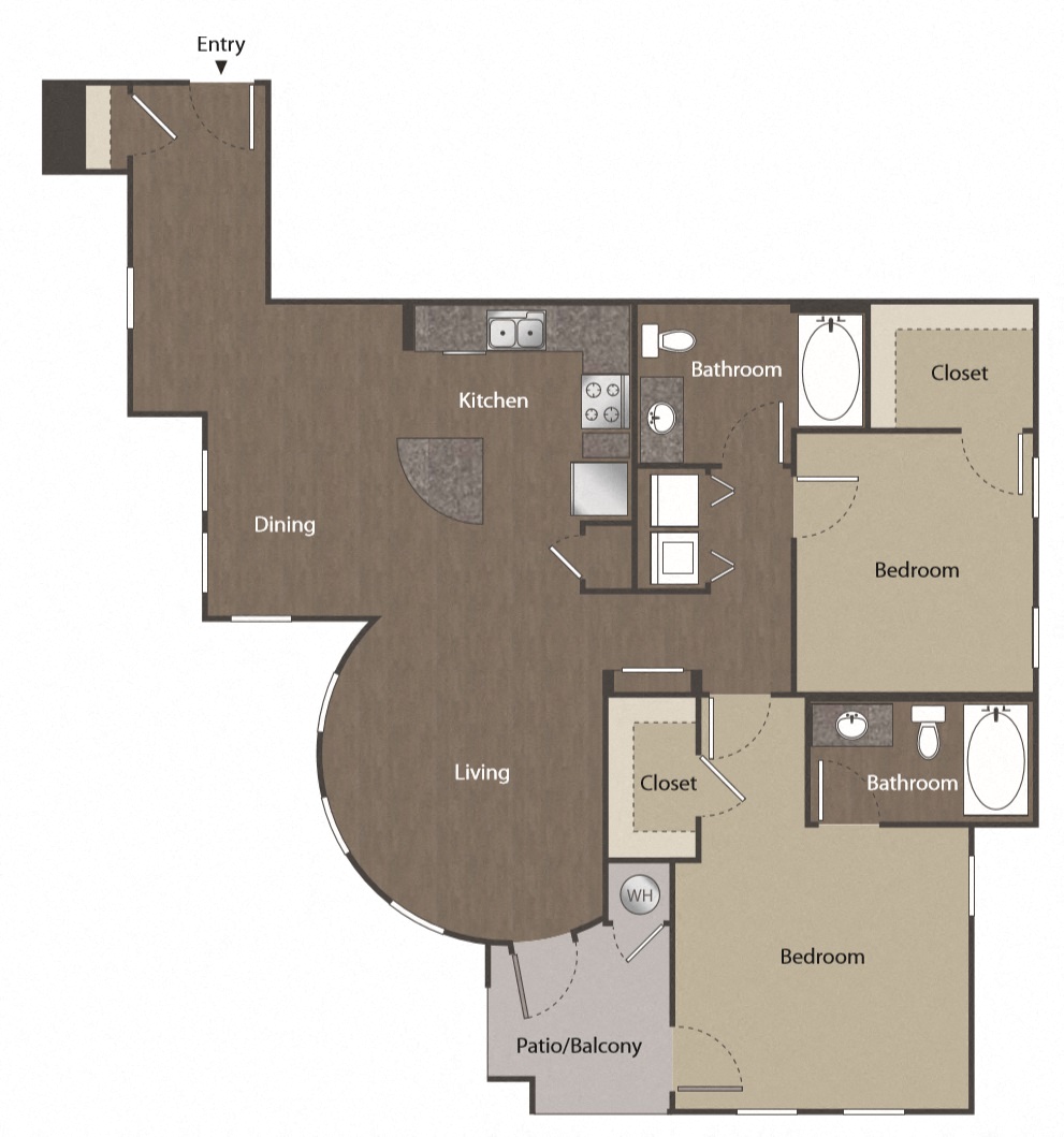 Floor plan for 2 beds, 2 baths, 1286 sqft